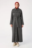 Antrasit01-Kuşaklı Rüzgarlıklı Düğmeli Rahat Kalıp Ferace - 2
