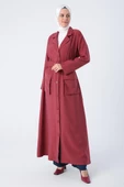 Bordo-Kemerli Ceket Yakalı Düğmeli Ferace thumbnail 3