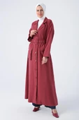 Bordo-Kemerli Ceket Yakalı Düğmeli Ferace thumbnail 1