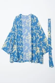 Mavi-Bej-Oversize Kol Yırtmaç Detaylı Kuşaklı Desenli Kimono - 7
