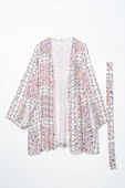 Beyaz-Pembe-Oversize Kol Yırtmaç Detaylı Kuşaklı Desenli Kimono - 7