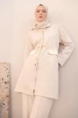 Açık Bej-Saten Garnili Kapüşonlu Hırka thumbnail 5