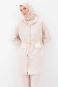 Açık Bej-Saten Garnili Kapüşonlu Hırka thumbnail 2