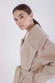 Bej-Oversize Kuşaklı Kaşe Kaban - 6