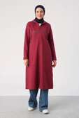 Koyu Bordo-Aplike Nakışlı Çift Kordonlu Kapüşonlu Hırka - 2