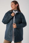 Petrol-Oversize Çıtçıtlı Gömlek Yaka Mont - 1