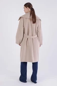 Bej-Oversize Kuşaklı Kaşe Kaban - 4