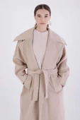 Bej-Oversize Kuşaklı Kaşe Kaban - 5