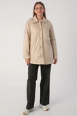 Bej-Oversize Çıtçıtlı Gömlek Yaka Mont - 4