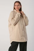 Bej-Oversize Çıtçıtlı Gömlek Yaka Mont - 1