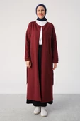 Bordo-Kuşaklı Cepli Bisiklet Yaka Likralı Uzun Hırka - 2