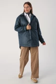 Petrol-Oversize Çıtçıtlı Gömlek Yaka Mont - 4