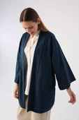 Koyu İndigo-Yarasa Kollu Likralı Oversize Kimono - 1