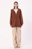 Açık Kahve-Kanguru Cepli Oversize Sweat Hırka thumbnail 2