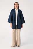 Koyu İndigo-Yarasa Kollu Likralı Oversize Kimono - 2