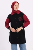 Siyah-İki Renkli Nakışlı Düğmeli Rahat Hırka - 1