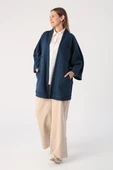 Koyu İndigo-Yarasa Kollu Likralı Oversize Kimono - 3