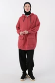 Gül-Cepli Kapüşonlu Oversize Sweat Hırka - 1