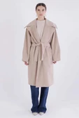 Bej-Oversize Kuşaklı Kaşe Kaban - 2