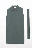 Küf Yeşili-Oversize Çıtçıtlı Dikey Çizgi Uzun Kapitone Yelek - 5