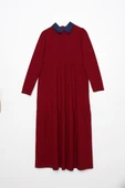 Bordo-Pamuklu Gömlek Yaka Cepli Fırfırlı Örme Elbise - 5