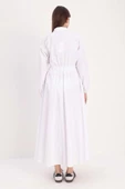 Beyaz-Gömlek Yaka Çıtçıtlı Beli Lastikli Elbise - 4
