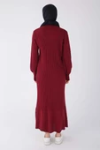 Bordo-Dik Yaka Fitilli Triko Elbise - 4
