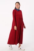 Bordo-Pamuklu Gömlek Yaka Cepli Fırfırlı Örme Elbise - 3