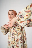 Su Yeşili-Kahve-Yakası Fularlı Emprime Desen Işıltılı Elbise - 1