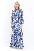 Mavi-Beyaz-Kolu Büzgülü Desenli Elbise thumbnail 2
