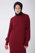 Bordo-Dik Yaka Fitilli Triko Elbise - 5