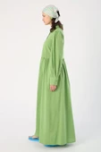 Açık Yeşil-%100 Pamuk Büzgülü Gömlek Elbise thumbnail 3