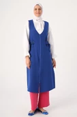 Saks-Yanları Tokalı Fermuarlı V Yaka Yelek - 2