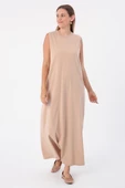 Bej-Pamuklu Bisiklet Yaka Likralı Kolsuz İçlik Elbise thumbnail 2