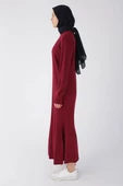 Bordo-Dik Yaka Fitilli Triko Elbise - 3
