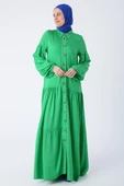 Çimen Yeşili-%100 Viskon Eteği Ve Kolları Fırfırlı Gömlek Elbise - 3