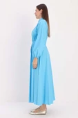 Turkuaz-Gömlek Yaka Çıtçıtlı Beli Lastikli Elbise - 2