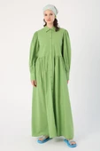 Açık Yeşil-%100 Pamuk Büzgülü Gömlek Elbise thumbnail 2