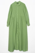 Açık Yeşil-%100 Pamuk Büzgülü Gömlek Elbise thumbnail 8