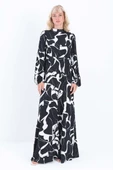 Siyah-Beyaz-Gri-Kolu Büzgülü Desenli Elbise thumbnail 2