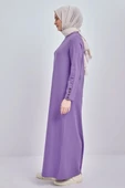 Mor-Pamuklu Kolları Düğmeli Penye Elbise - 3