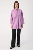 Lila-Büyük Cepli Kuşgözlü Oversize Gömlek thumbnail 2