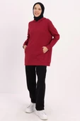 Bordo-Kapüşonlu Kanguru Cepli Likralı Sweat - 3