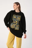 Siyah-Oversize Desenli Aplike Nakışlı Sweat Tunik thumbnail 1
