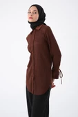 Kahve-Piliseli Kolları Bağcık Detaylı Gömlek Tunik thumbnail 5
