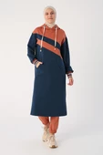 Koyu İndigo-İki Renkli Kapüşonlu Sweat Tunik - 2