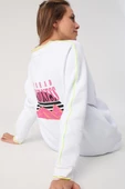 Beyaz-Oversize Neon Detaylı Arkası Baskılı Şardonlu Sweatshirt - 1