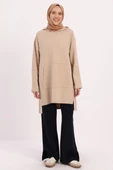 Bej-KAPÜŞONLU YANLARI YIRTMAÇLI SWEAT TUNİK thumbnail 2
