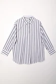 Beyaz-Siyah-Arkası Yırtmaçlı Aparturalı Çizgili Gömlek thumbnail 7