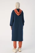 Koyu İndigo-İki Renkli Kapüşonlu Sweat Tunik - 4